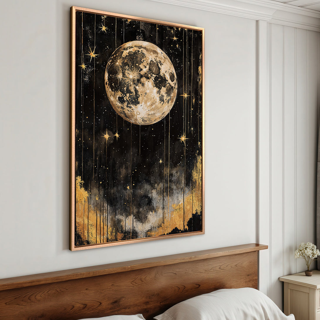 Framed Wall Art: Celestial moon and stars art print in black, gold, and beige. Modern abstract style canvas print for bedroom decor.