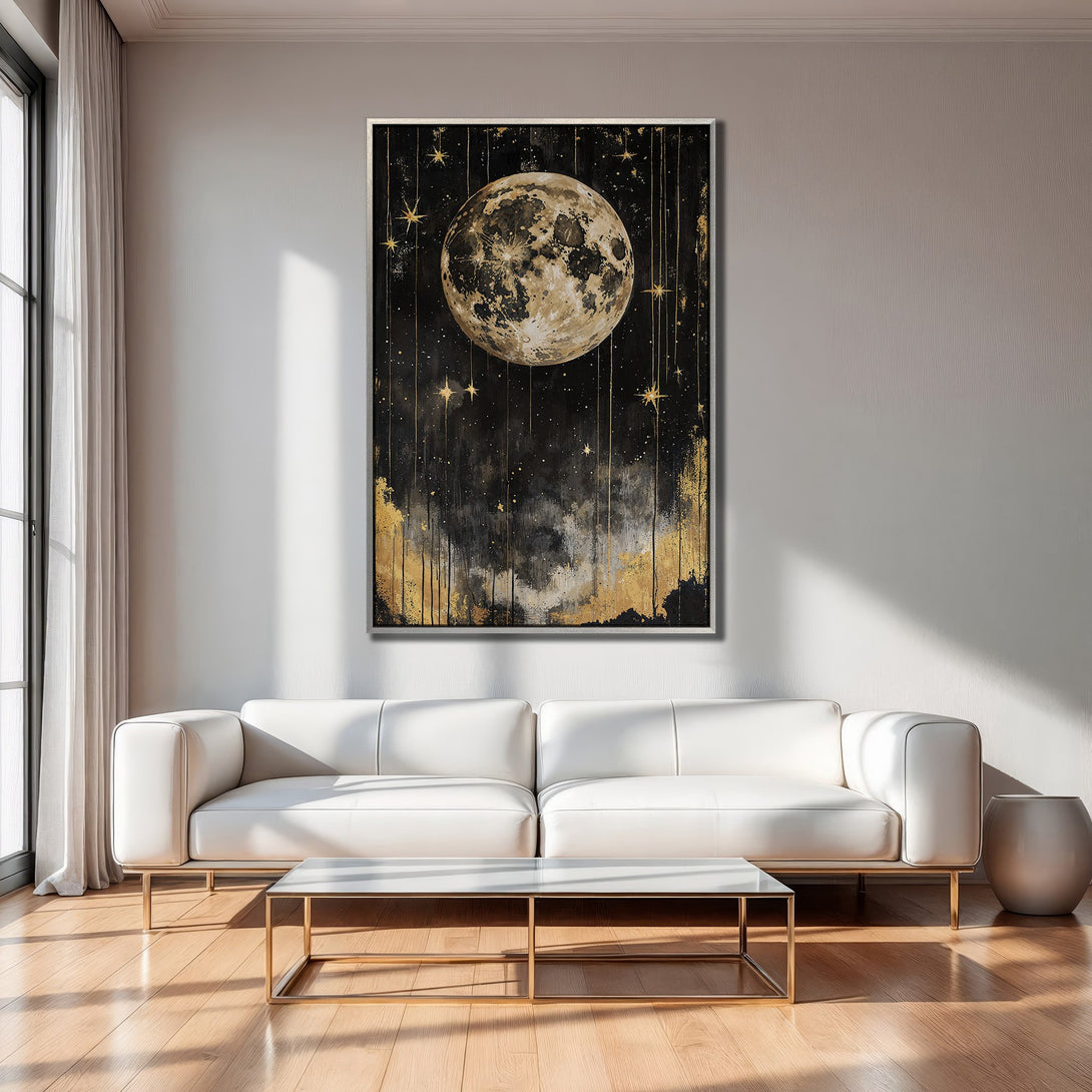 Framed Wall Art: Celestial moon art with gold accents. Modern decor in a black, gold, and neutral palette. Elevate your space with this stunning canvas print.