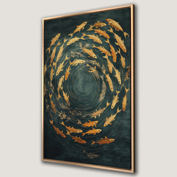 Framed Wall Art featuring a school of golden fish in a swirling pattern, set against a deep teal background. Adds elegant style with a warm color palette.
