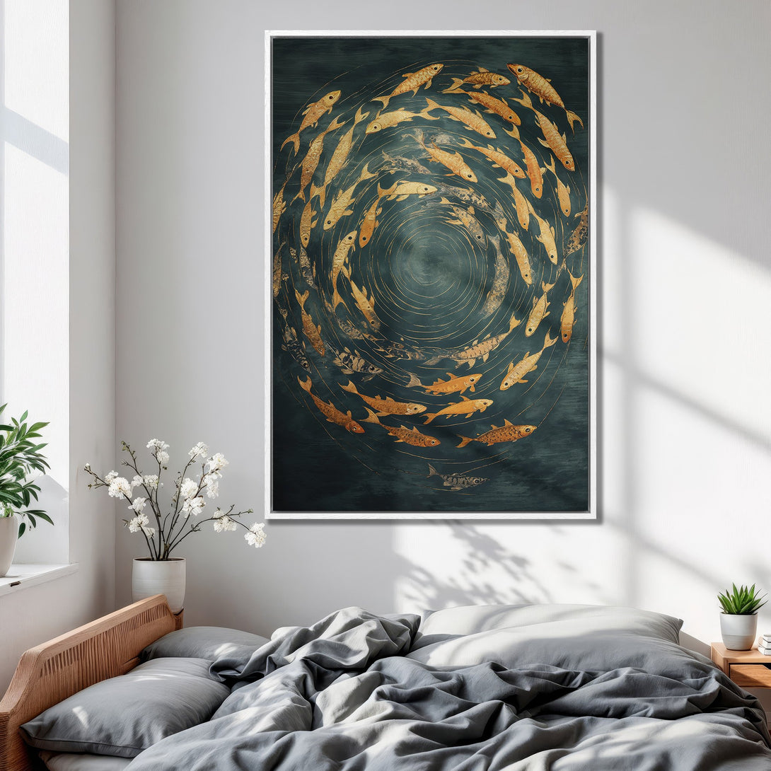 Framed Wall Art: Gold fish swimming in a circle on a dark teal background. Modern art with a calming color palette for bedroom decor.