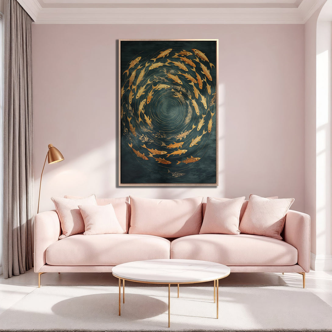 Framed Wall Art: Gold fish art on dark teal background, modern style, displayed in a blush pink living room. Enhance your space with this stunning Canvas Print!