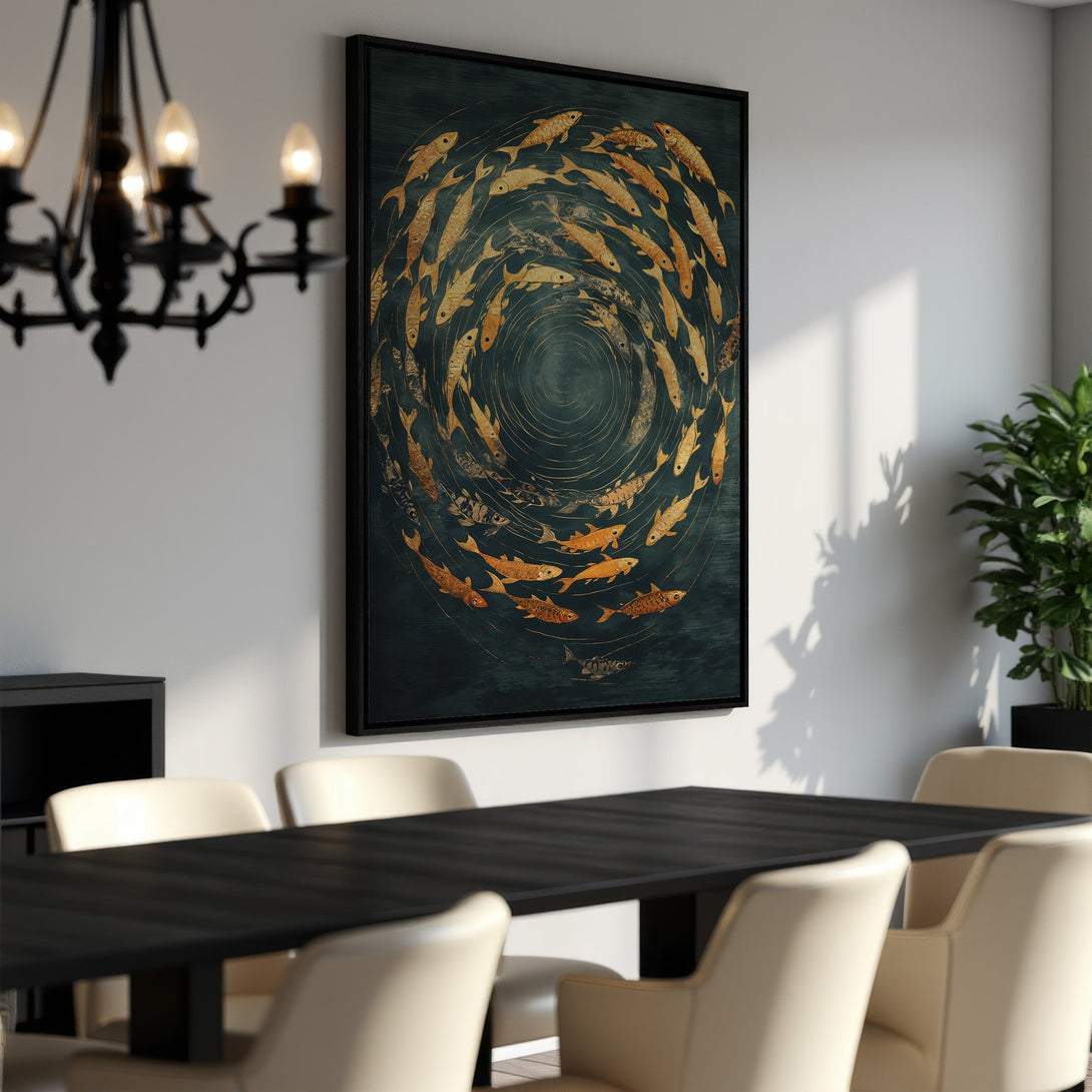 Framed Wall Art: Gold fish swirl design on a dark teal background. Modern art canvas print adds a touch of elegance to any dining room.