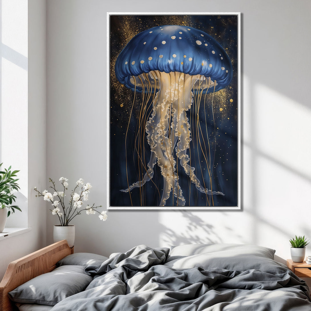 Framed Wall Art: Stunning blue jellyfish art with gold accents. Perfect for adding a touch of elegance to your bedroom decor.