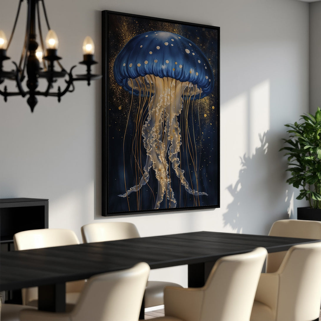 Framed Wall Art: Elegant blue jellyfish art print with gold accents, perfect for modern dining rooms. Enhance your space with this stunning canvas print.