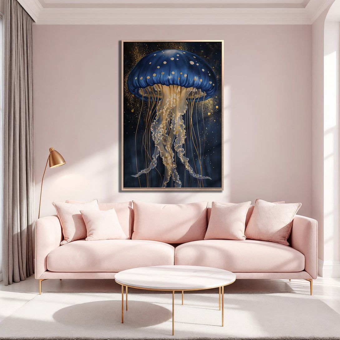 Framed Wall Art featuring a stunning blue jellyfish with gold accents. Elegant Canvas Print in a modern style, perfect for adding a touch of coastal charm.