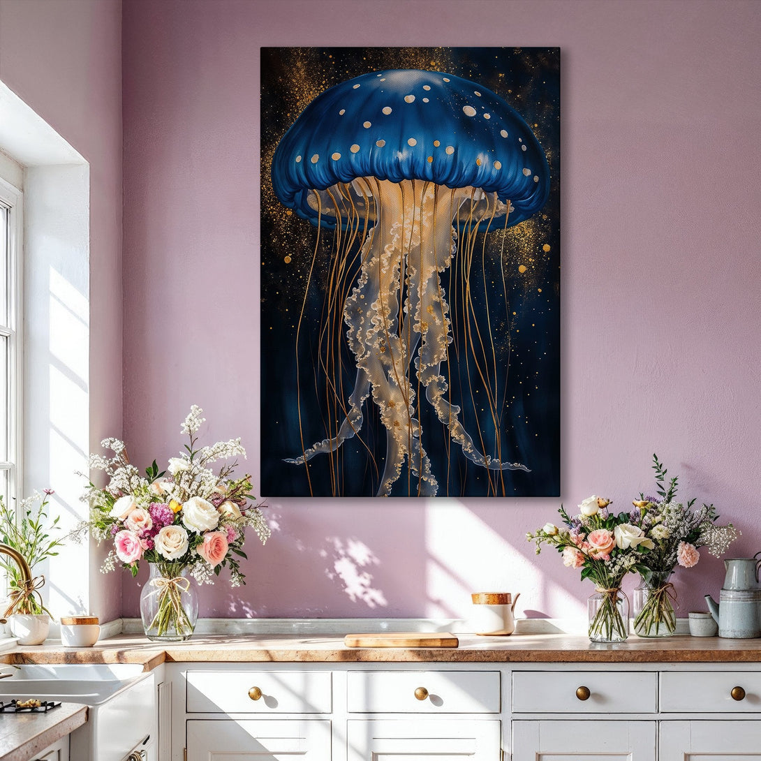 Framed Wall Art: Elegant blue jellyfish canvas print with gold accents. Modern coastal decor in a serene blue and gold color palette.