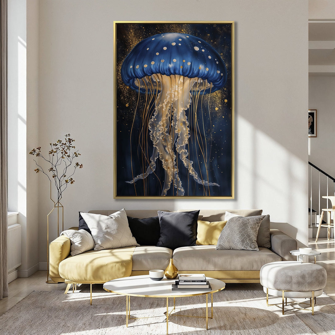 Canvas Print featuring a stunning blue jellyfish with gold accents, set against a dark blue background. Adds a touch of elegance to any space.