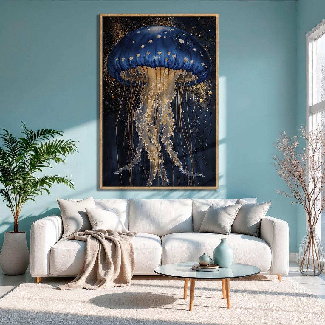 Framed Wall Art: Stunning blue jellyfish art print in a modern living room. Features a dark blue, gold, and white color palette for a calming aesthetic.