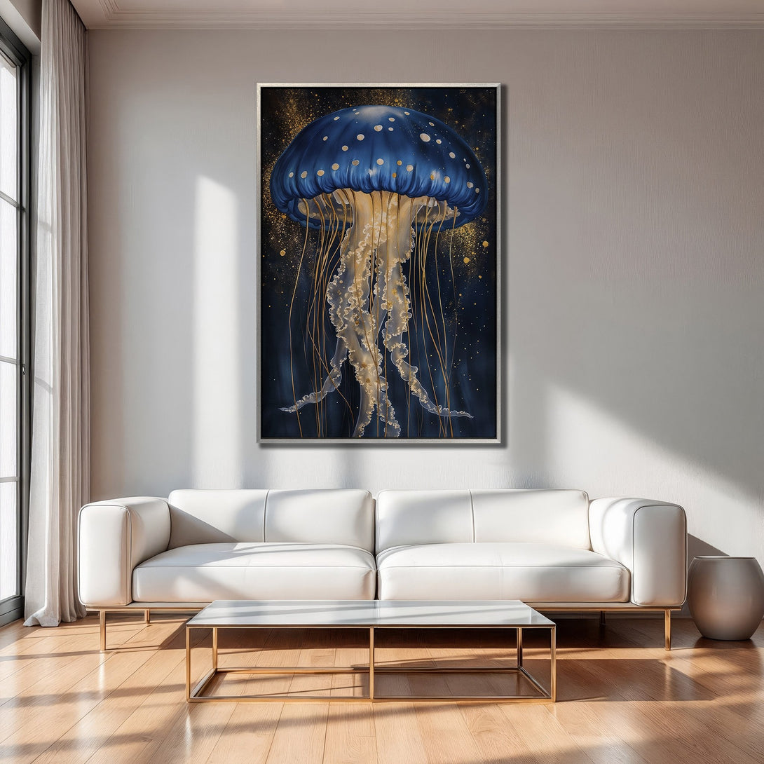 Framed Wall Art: Blue jellyfish art print in a modern interior. Featuring a dark blue and gold color palette, this canvas print adds elegance.