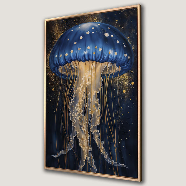 Framed Wall Art: Stunning blue jellyfish art print with gold accents. Modern, elegant wall decor in a navy and gold color palette. Perfect for any room.