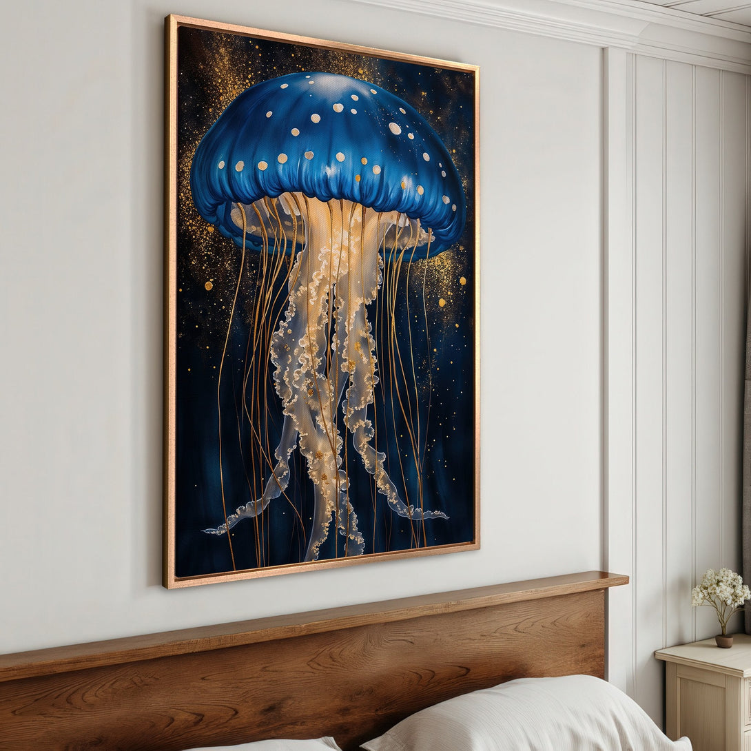 Framed Wall Art: Stunning blue jellyfish painting with gold accents. Perfect for coastal decor, this canvas print adds elegance & style to any room. Shop now!