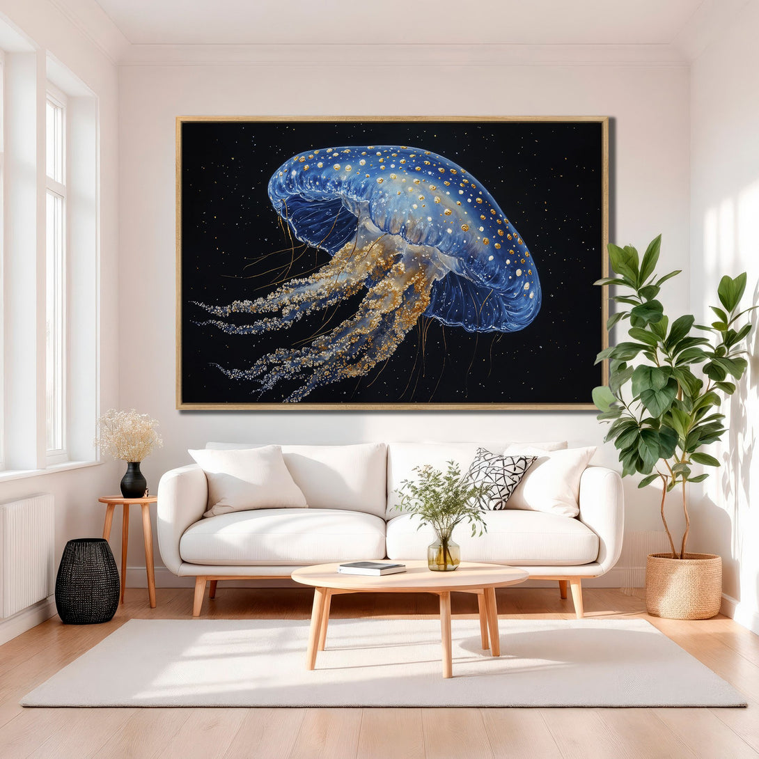 Framed Wall Art: Stunning blue and gold jellyfish canvas print in a modern living room. Adds a touch of elegance with a dark background and vibrant colors.