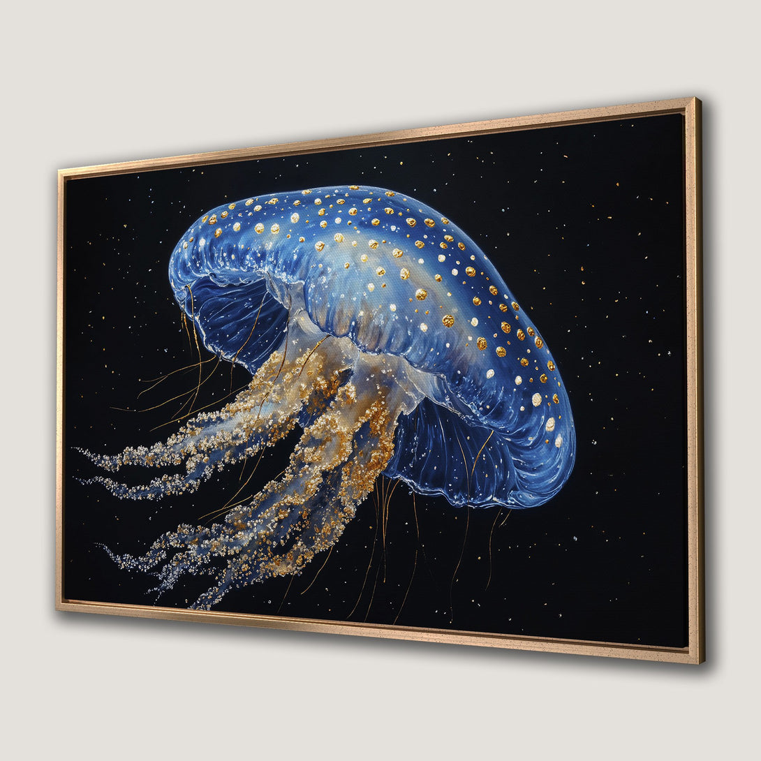 Framed Wall Art: Stunning jellyfish painting in blue and gold against a black background. Add a touch of elegance with this beautiful canvas print.