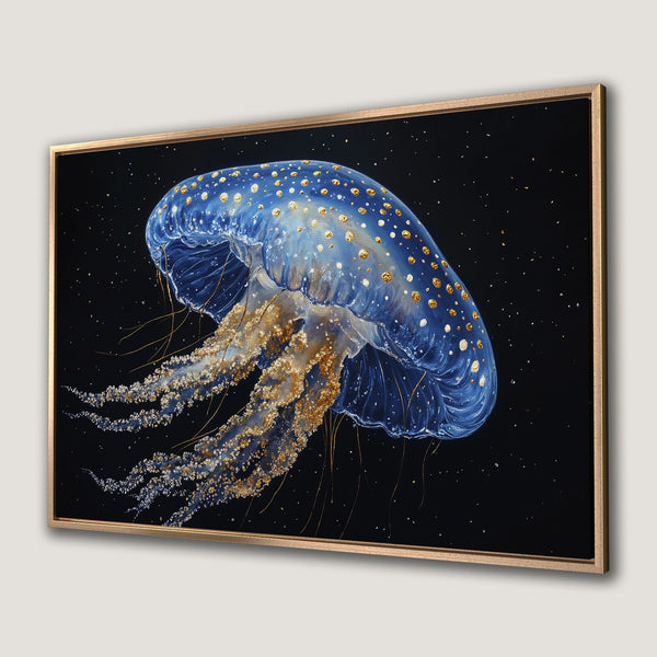 Framed Wall Art: Stunning jellyfish painting in blue and gold against a black background. Add a touch of elegance with this beautiful canvas print.