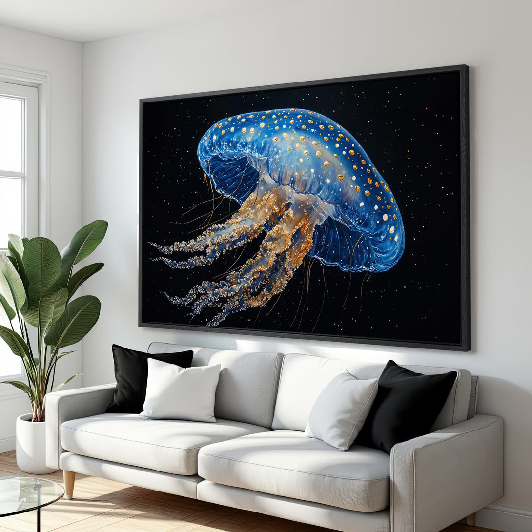 Framed Wall Art: Stunning blue jellyfish canvas print with gold accents. Modern art for your home. Black, blue, and gold color palette.