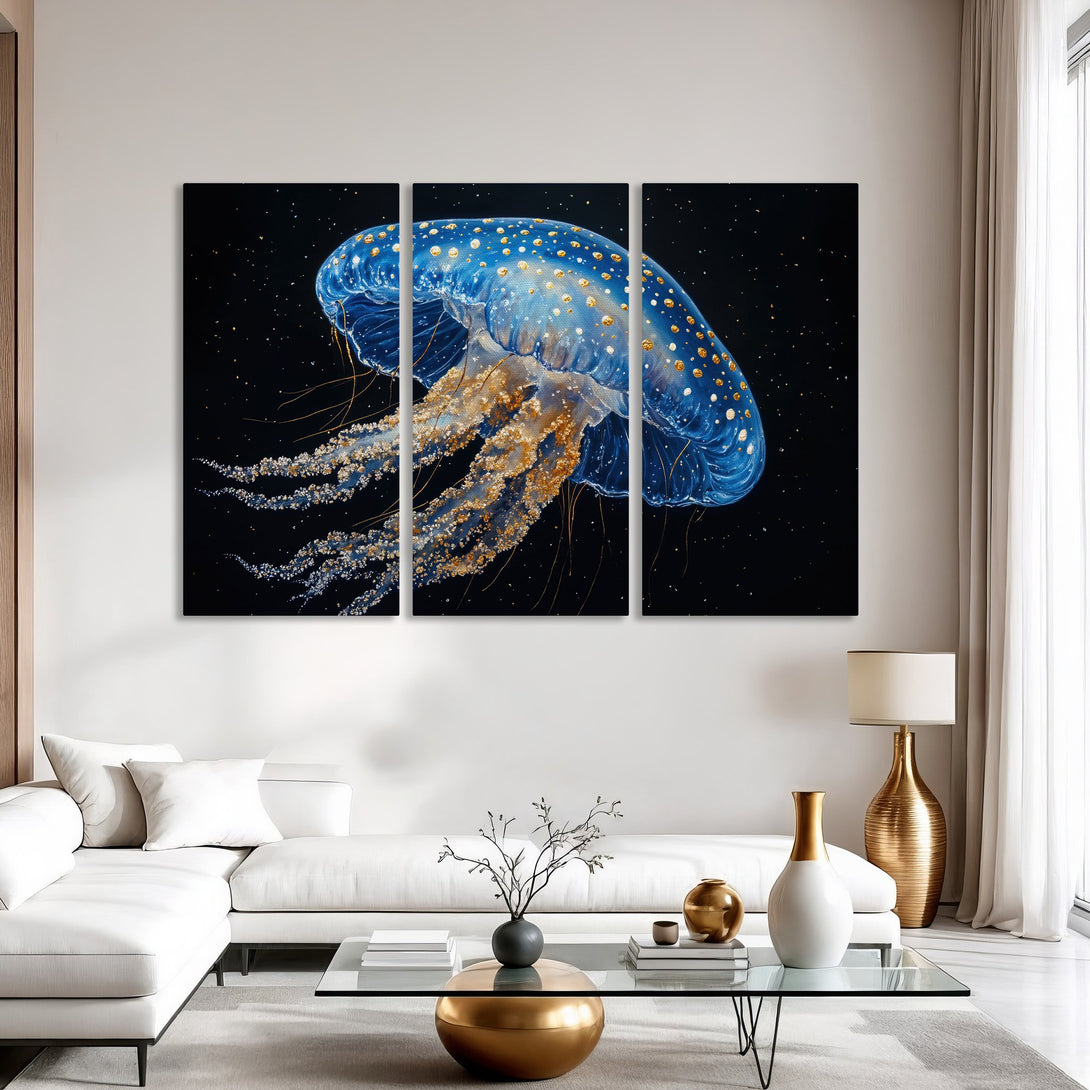 Canvas Print of a luminous blue jellyfish art piece, with gold accents, against a dark background. Modern wall decor with a calming, oceanic vibe.