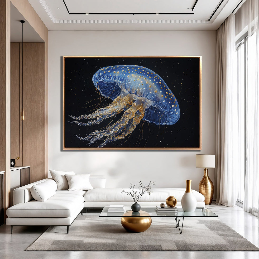 Framed Wall Art: Stunning blue jellyfish art print with gold accents, perfect for modern home decor. Adds a touch of elegance and coastal charm.