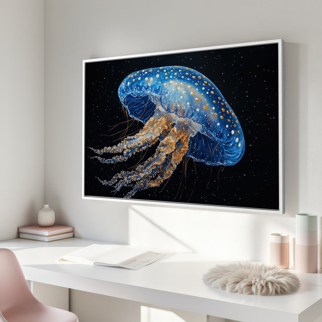 Framed Wall Art: Stunning blue and gold jellyfish art print. Modern coastal decor with a black background. Add ocean vibes to your space!