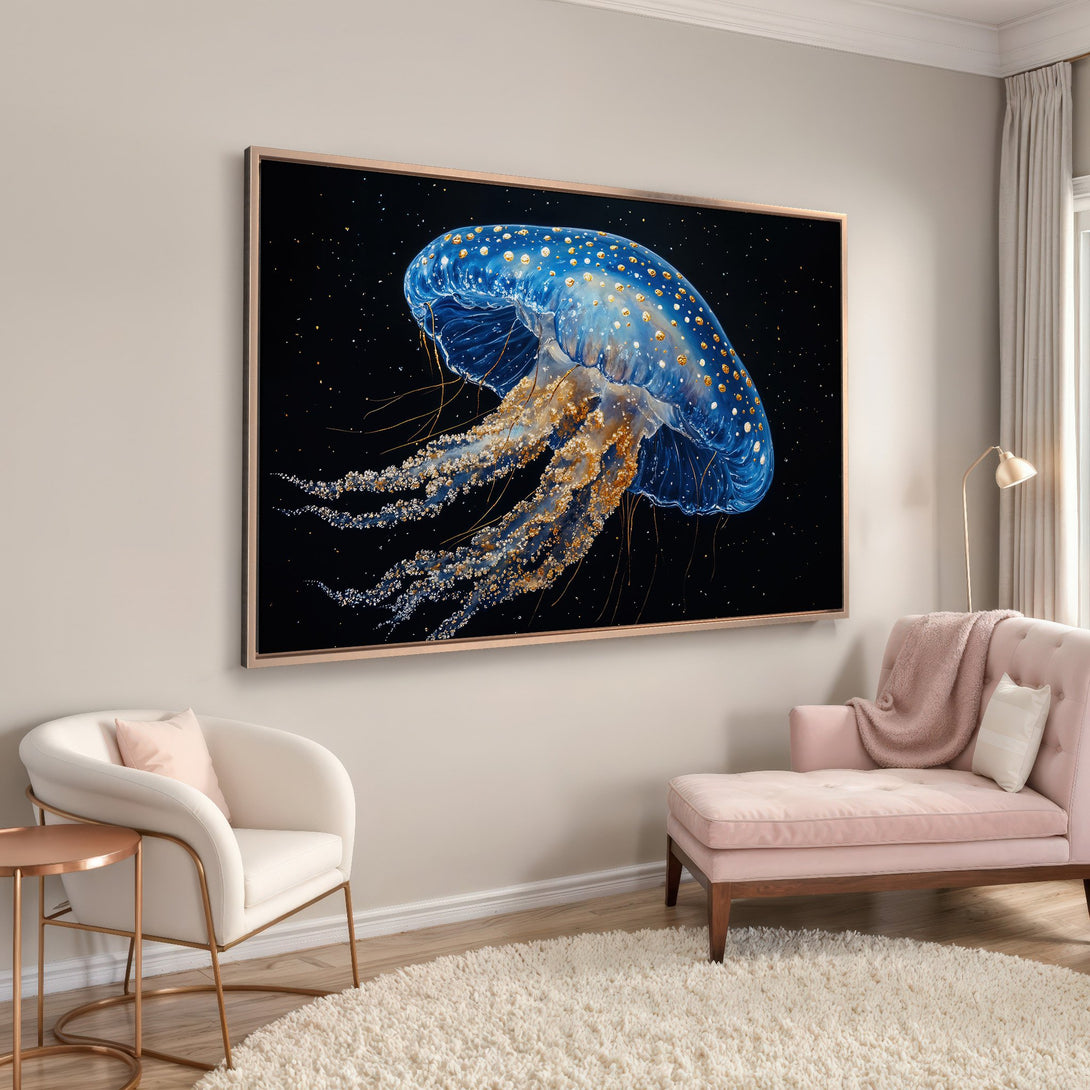 Framed Wall Art: Stunning blue jellyfish art on a black background with gold accents. Modern Canvas Print adds a touch of elegance to any space.