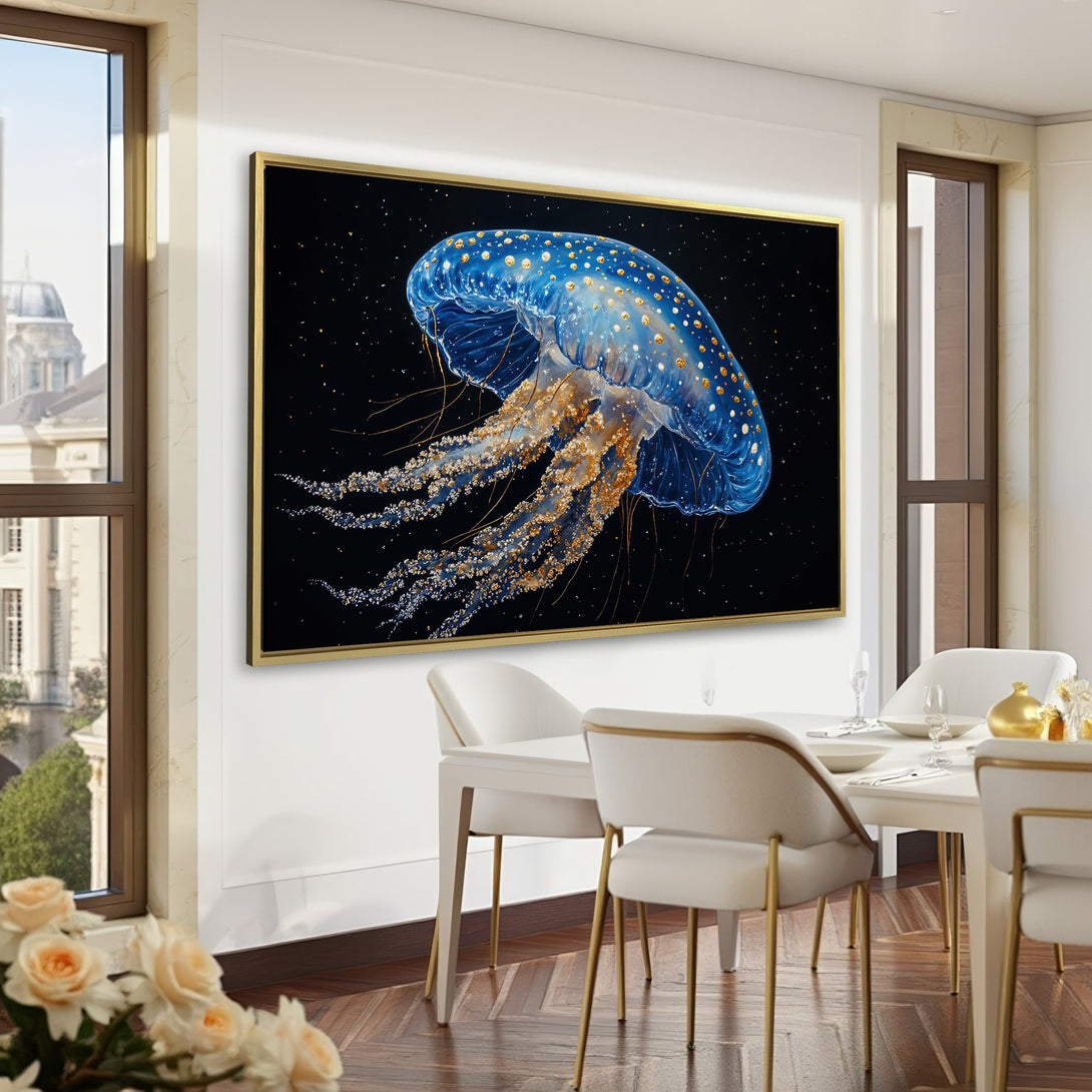 Canvas Print: Stunning jellyfish art in blue and gold against a black backdrop. Modern style, perfect for adding a touch of elegance to any space.