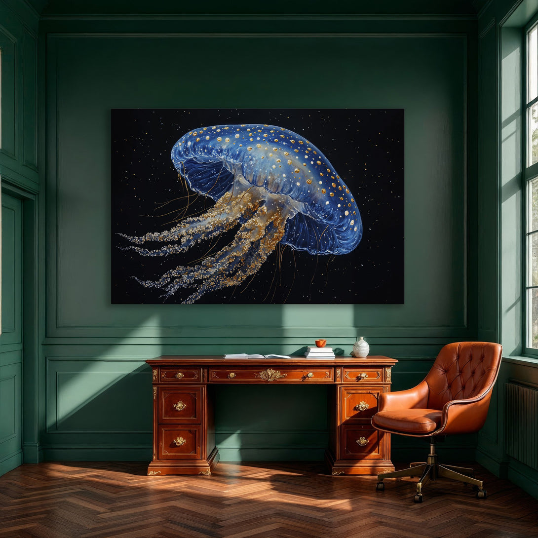 Framed Wall Art: Stunning blue jellyfish art print with gold accents. Modern style, perfect for dining room decor. Shop now!