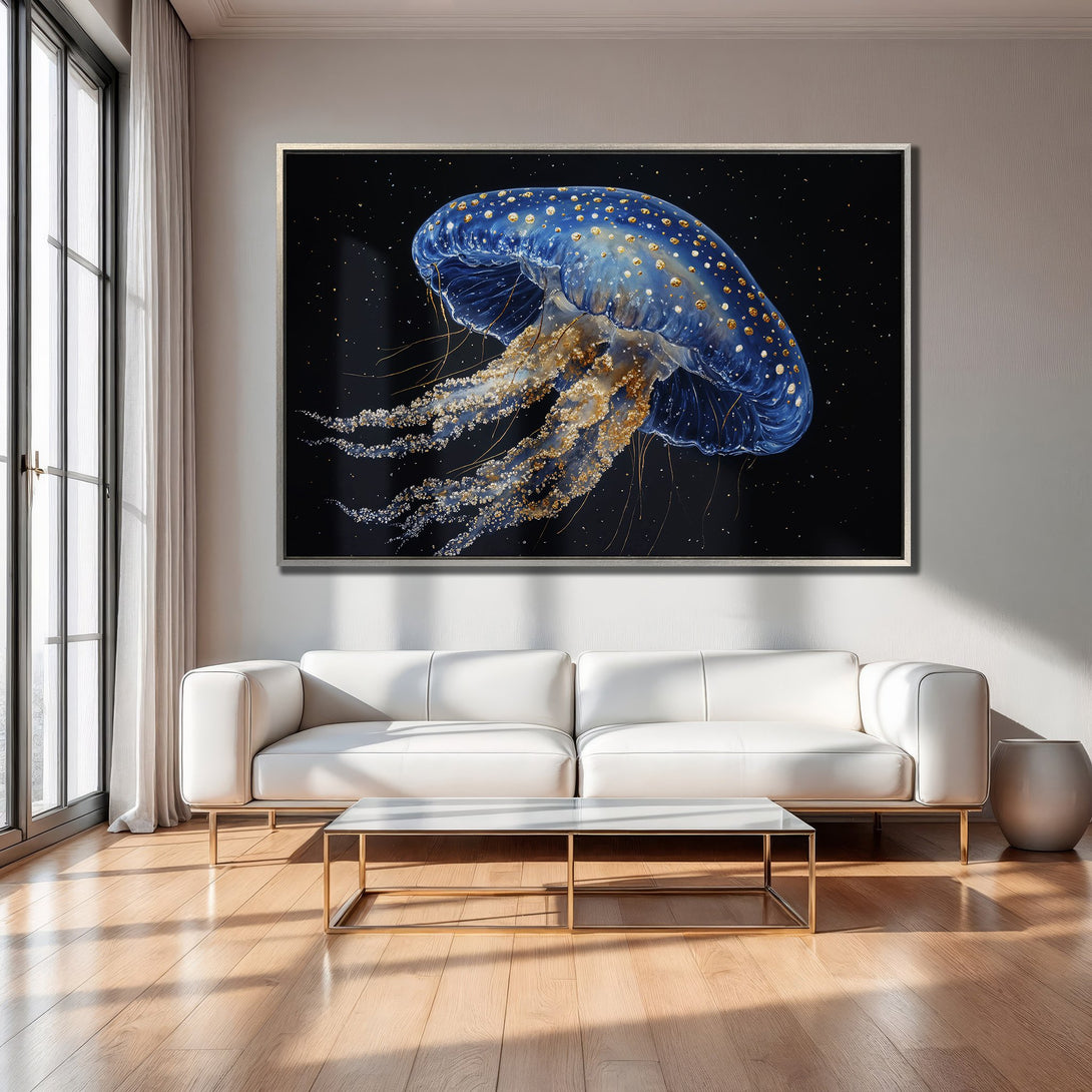 Framed Wall Art: Stunning blue jellyfish art print. Modern decor with a dark, starry background and gold accents. Perfect for coastal or contemporary homes.