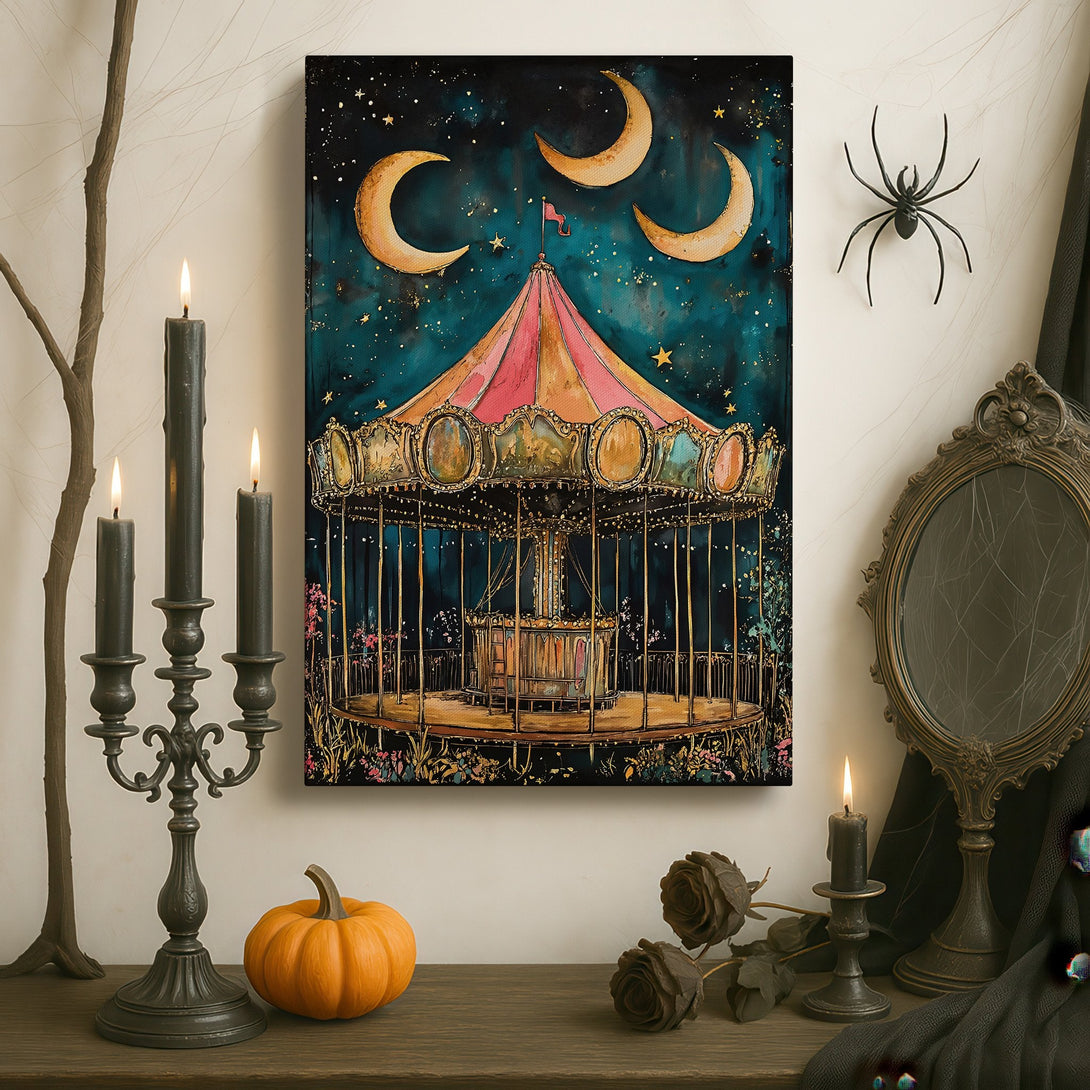 Framed Wall Art: Whimsical carousel painting with a celestial night sky. Featuring a dreamy, vintage style in a warm, inviting color palette. Perfect for any space!