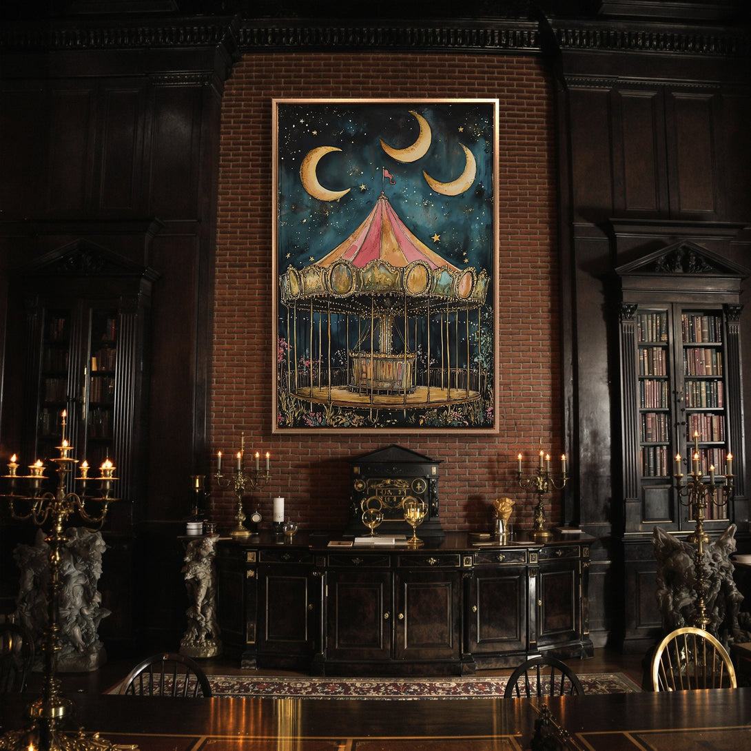 Framed Wall Art featuring a whimsical carousel scene with a night sky. Adds a touch of magic with its teal, gold, and pink color palette. Perfect for any interior.