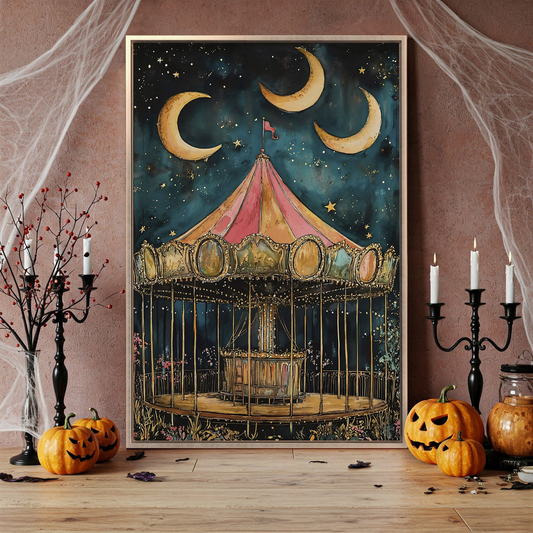Framed Wall Art: Whimsical carousel painting with a dark, starry sky. Vintage style with teal, gold, and pink hues. Perfect Halloween decor!