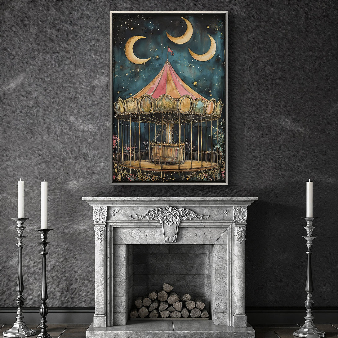 Framed Wall Art featuring a whimsical carousel scene with a dreamy, vintage style. Dark teal and gold color palette adds a touch of elegance. Perfect for any room!