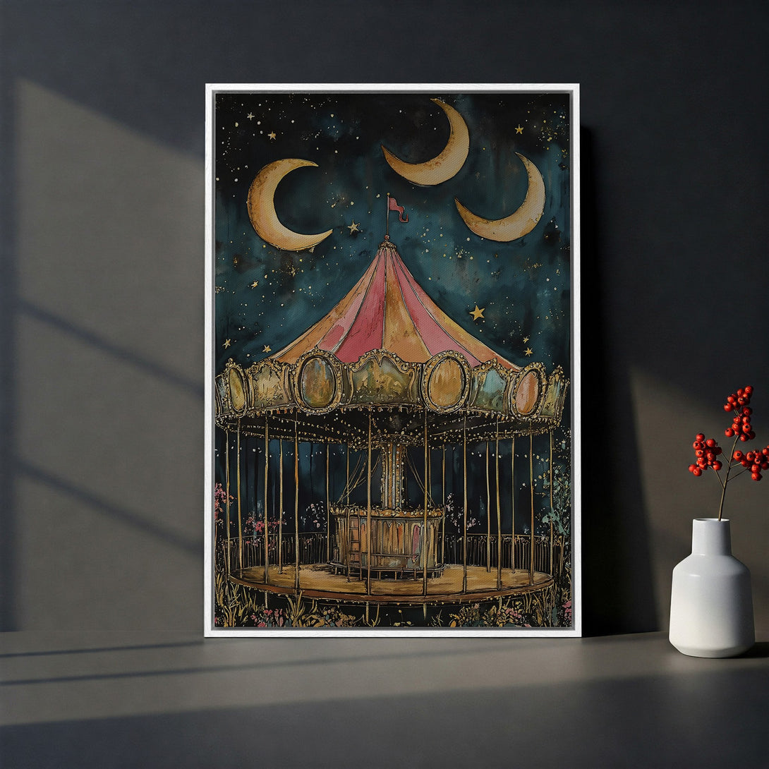 Framed Wall Art: Whimsical carousel illustration with a dreamy night sky. Watercolor style with a teal, gold, and pink color palette. Perfect for adding a touch of magic.