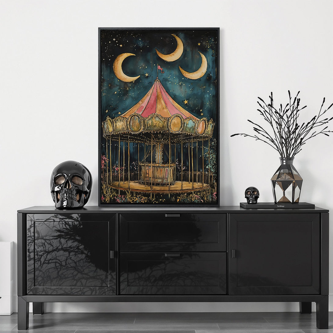Framed Wall Art: Whimsical carousel print with a starry night sky, featuring a dreamy, vintage style and a warm, inviting color palette. Perfect for home decor!