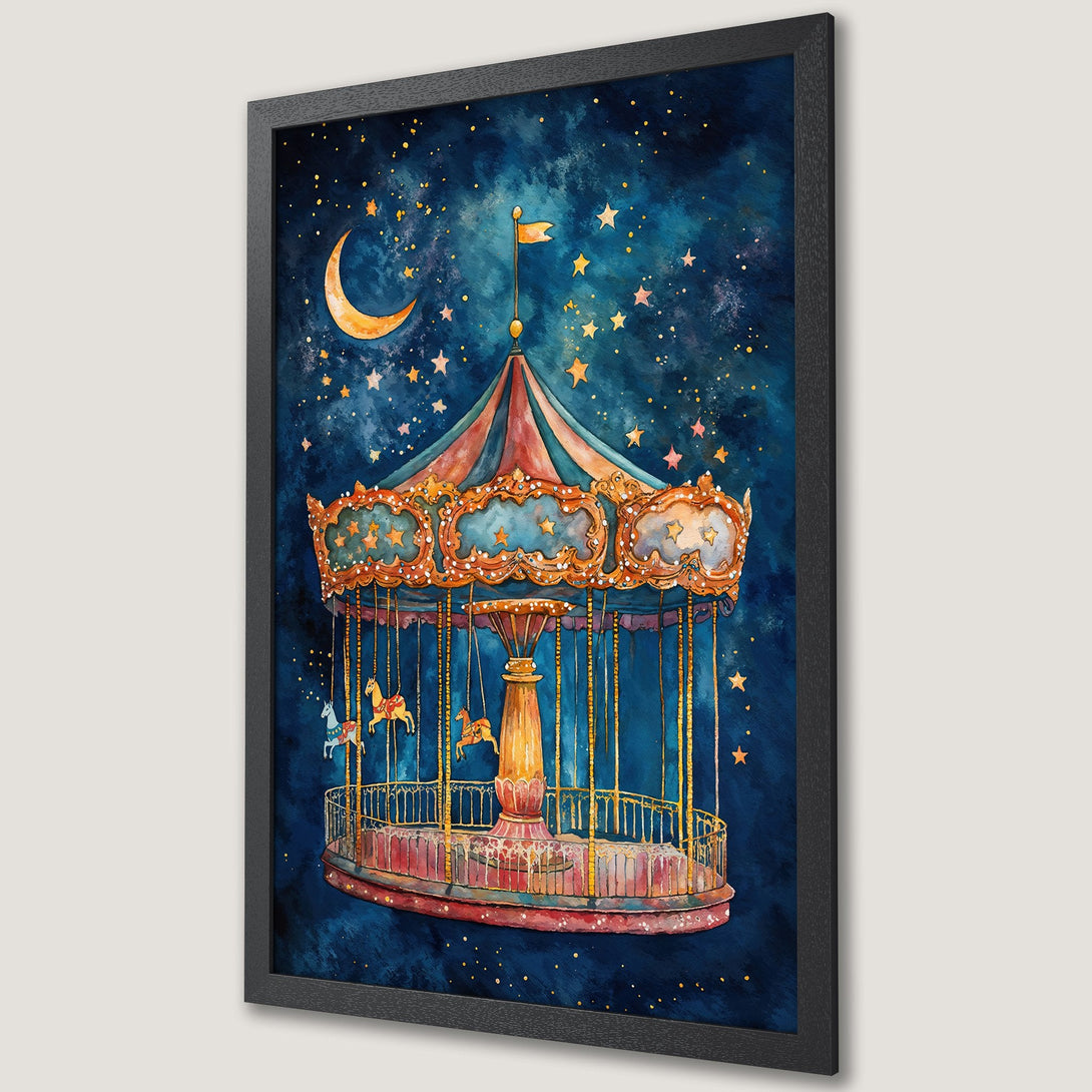 Framed Poster featuring a whimsical carousel under a starry night sky, watercolor style with a blue and gold color palette.