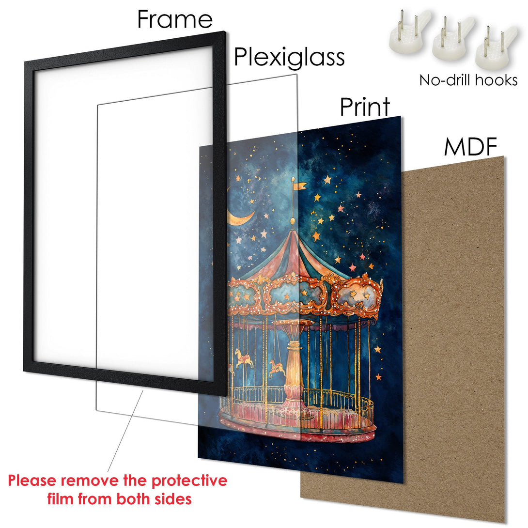 Framed Poster featuring a whimsical carousel design in a dreamy, blue and gold color palette. Perfect wall art!