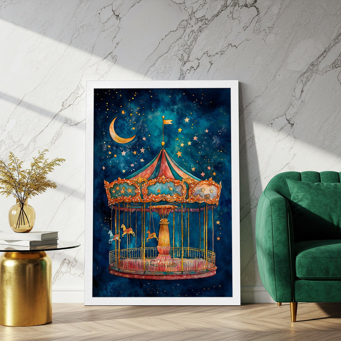 Framed Poster featuring a whimsical carousel illustration in watercolor style. Deep blue and gold color palette, perfect for nursery decor.