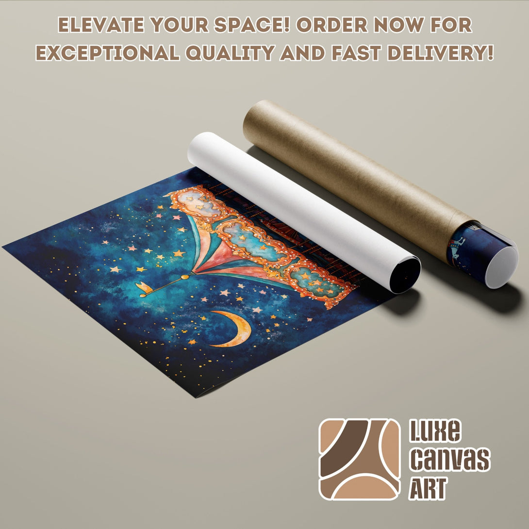 Poster Roll featuring a whimsical night sky design with a blue and gold color palette. Elevate your space with Luxe Canvas Art!