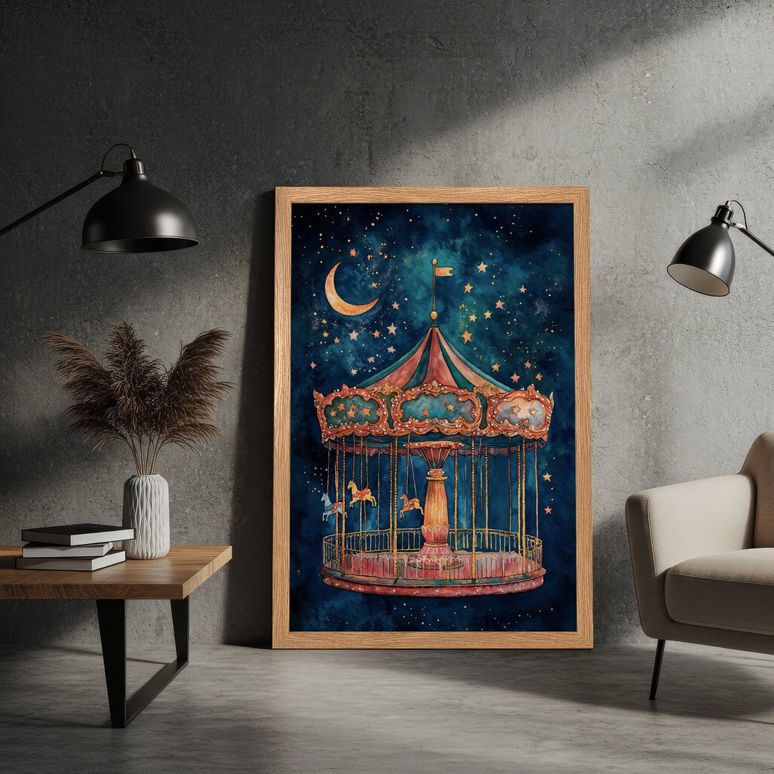 Framed Poster featuring a whimsical carousel under a starry night sky. Watercolor style, with a blue, red, and gold color palette. Add a touch of magic to your space!