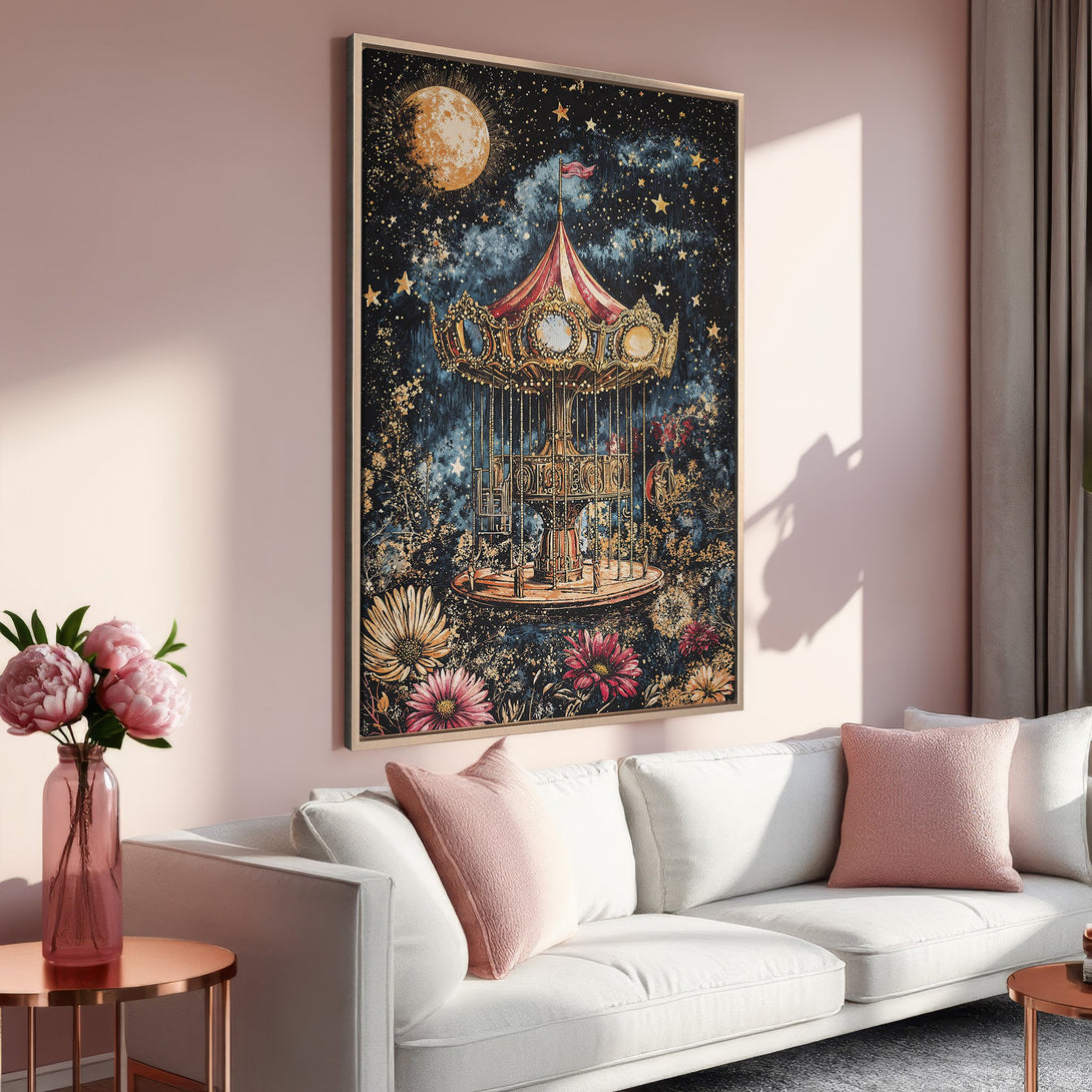 Framed Wall Art: Whimsical carousel scene in a dreamy style with a dark, starry background. Features a gold, pink, and blue color palette, perfect for adding charm.