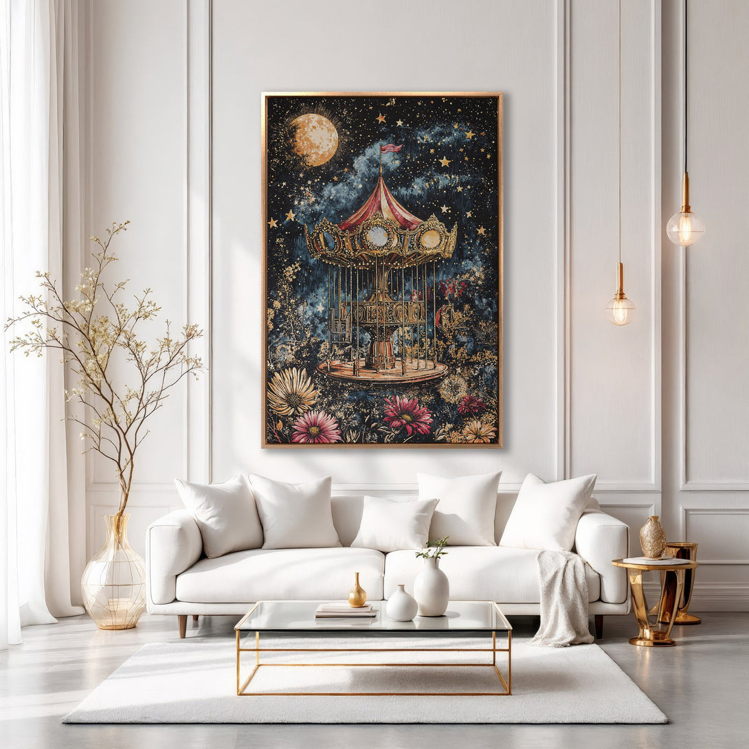 Framed Wall Art: Whimsical carousel scene in a dreamy, dark blue and gold palette. Perfect for adding a touch of magic to your living room!