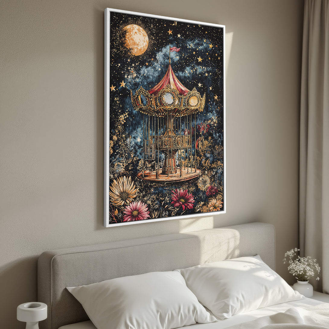 Framed Wall Art: Whimsical carousel print with a starry night sky, vibrant colors, and floral accents. Perfect for adding a touch of magic to your space.