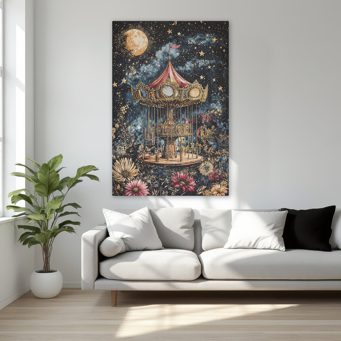 Framed Wall Art: Whimsical carousel art print in a dreamy style, featuring a celestial night sky and floral accents. Dark blue, gold, and red color palette.