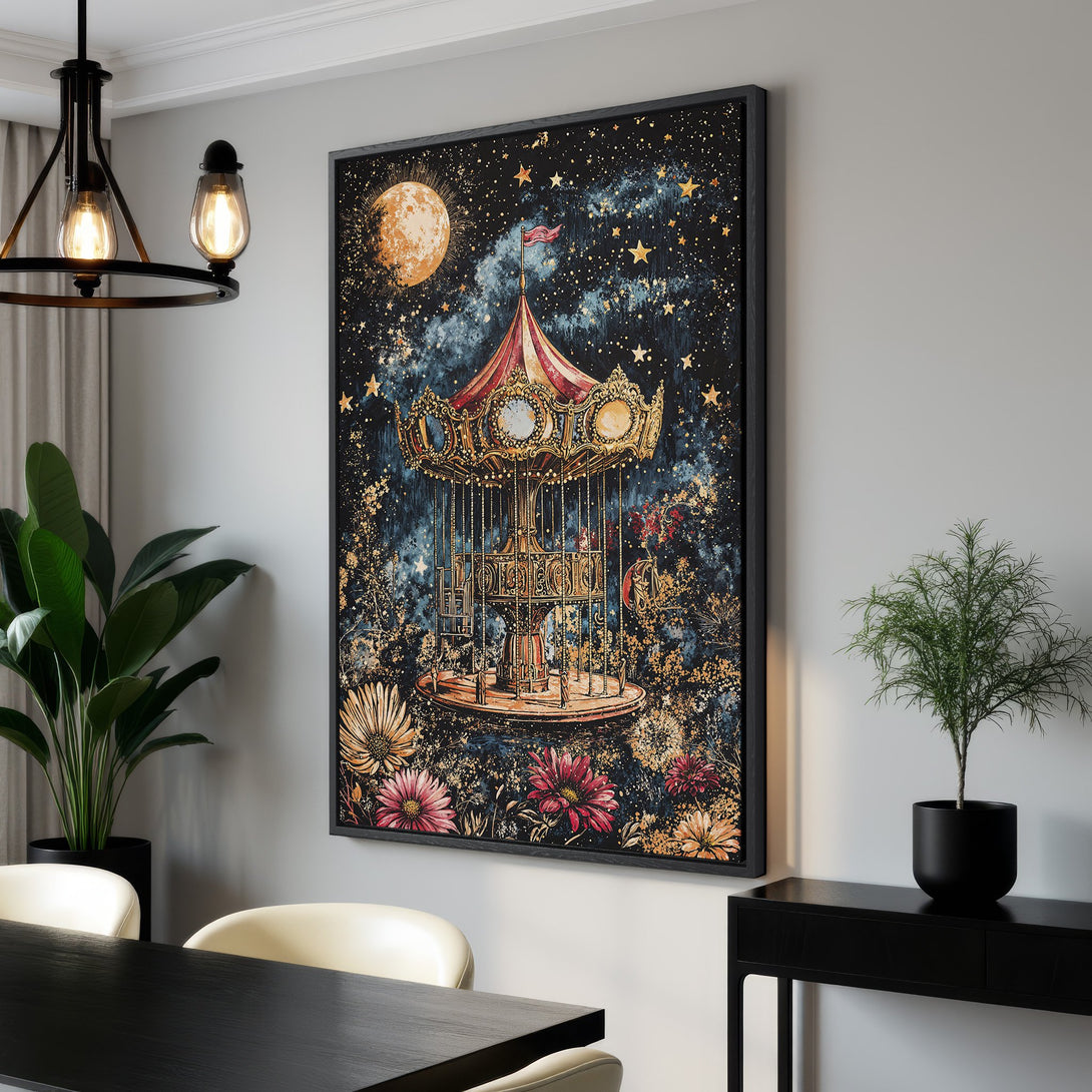 Framed Wall Art featuring a whimsical carousel scene with a starry night sky. Rich blue, gold, and red color palette, perfect for adding a touch of magic to your space.