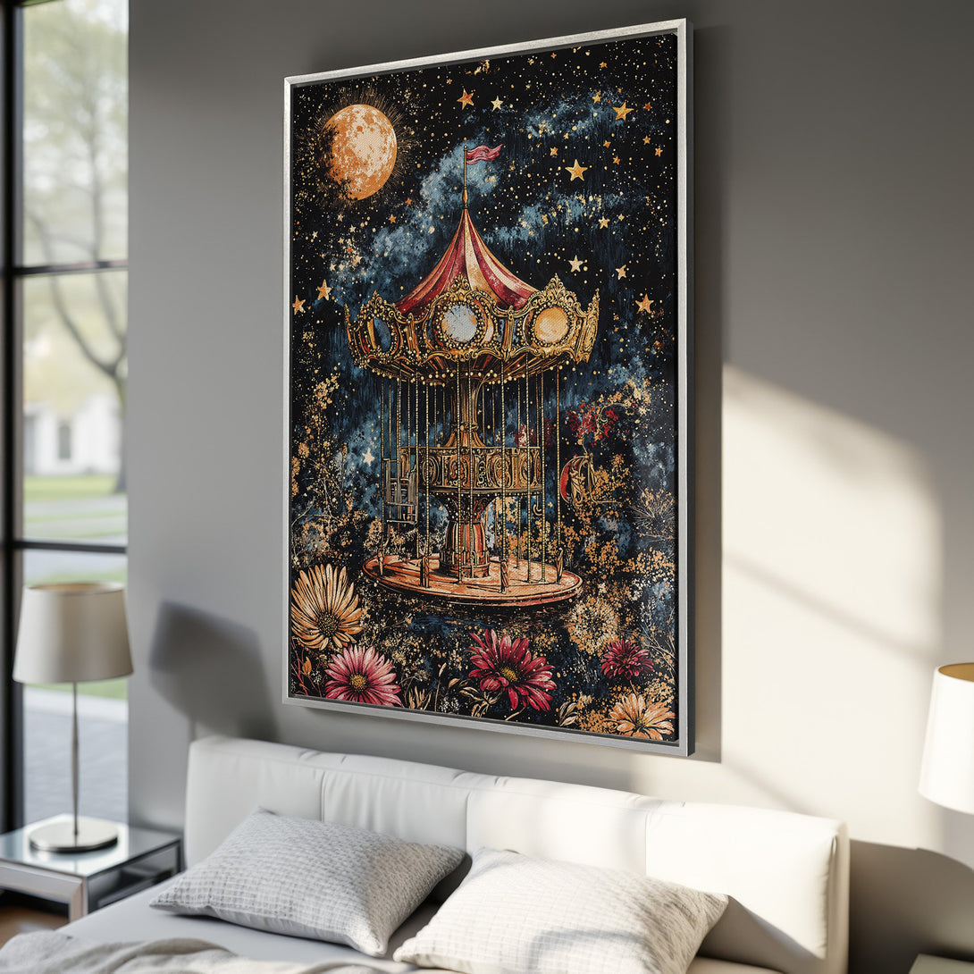 Framed Wall Art featuring a whimsical carousel under a starry night sky. Dark blue and gold color palette. Perfect for adding a touch of magic to your space!