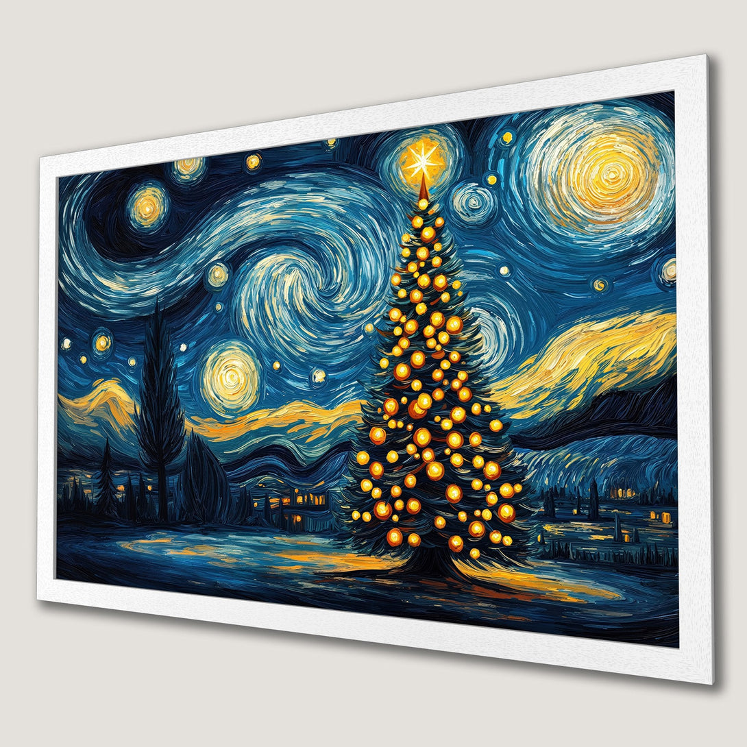 Framed Poster featuring a Christmas tree, starry night style art in blue, yellow, and orange. Perfect holiday decor!