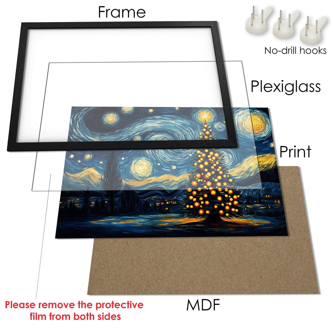 Framed Poster of a Christmas tree in a starry night style. Features a blue and gold color palette, perfect for holiday decor.