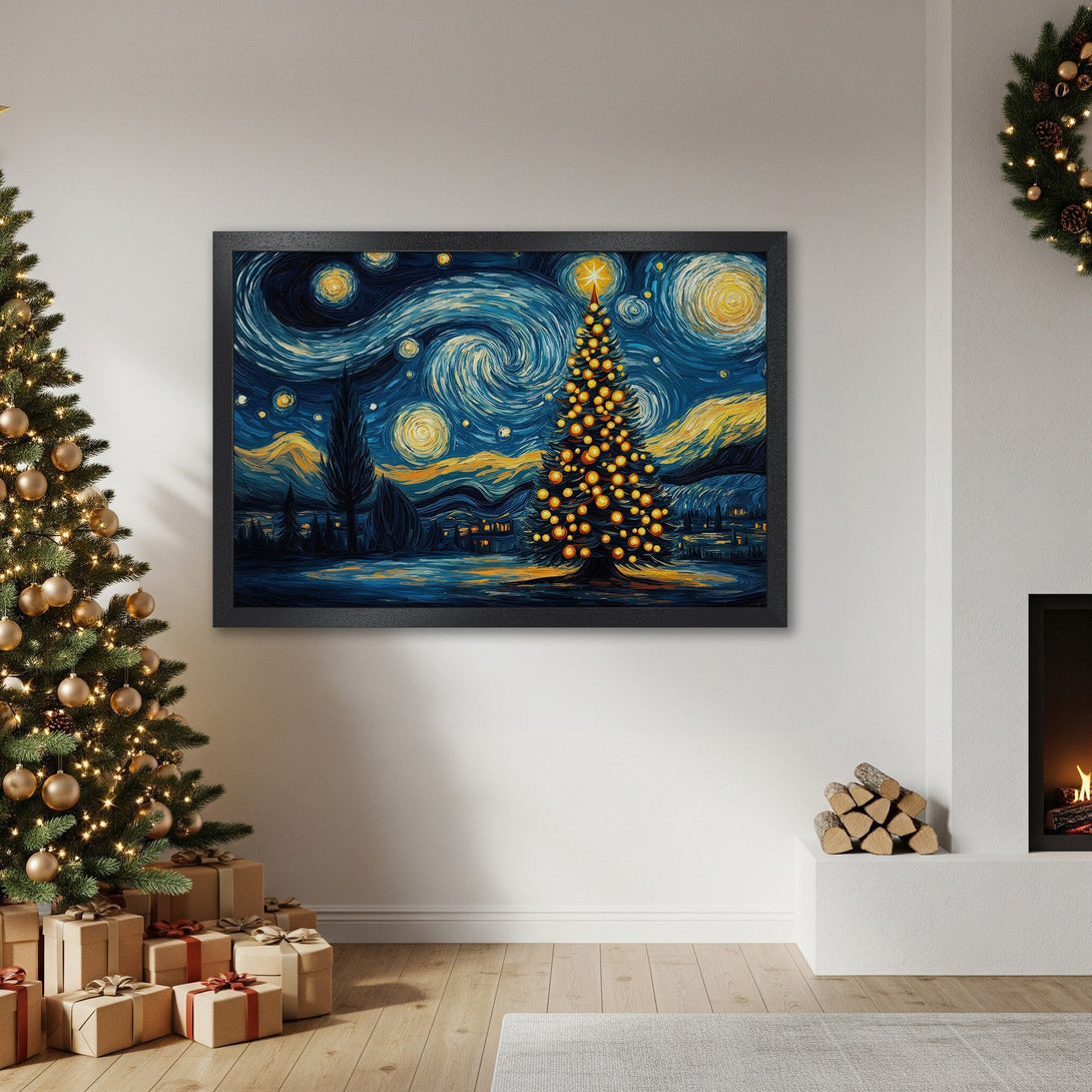 Framed Poster featuring a Christmas tree in a Van Gogh style, with a blue and yellow color palette, perfect holiday decor.