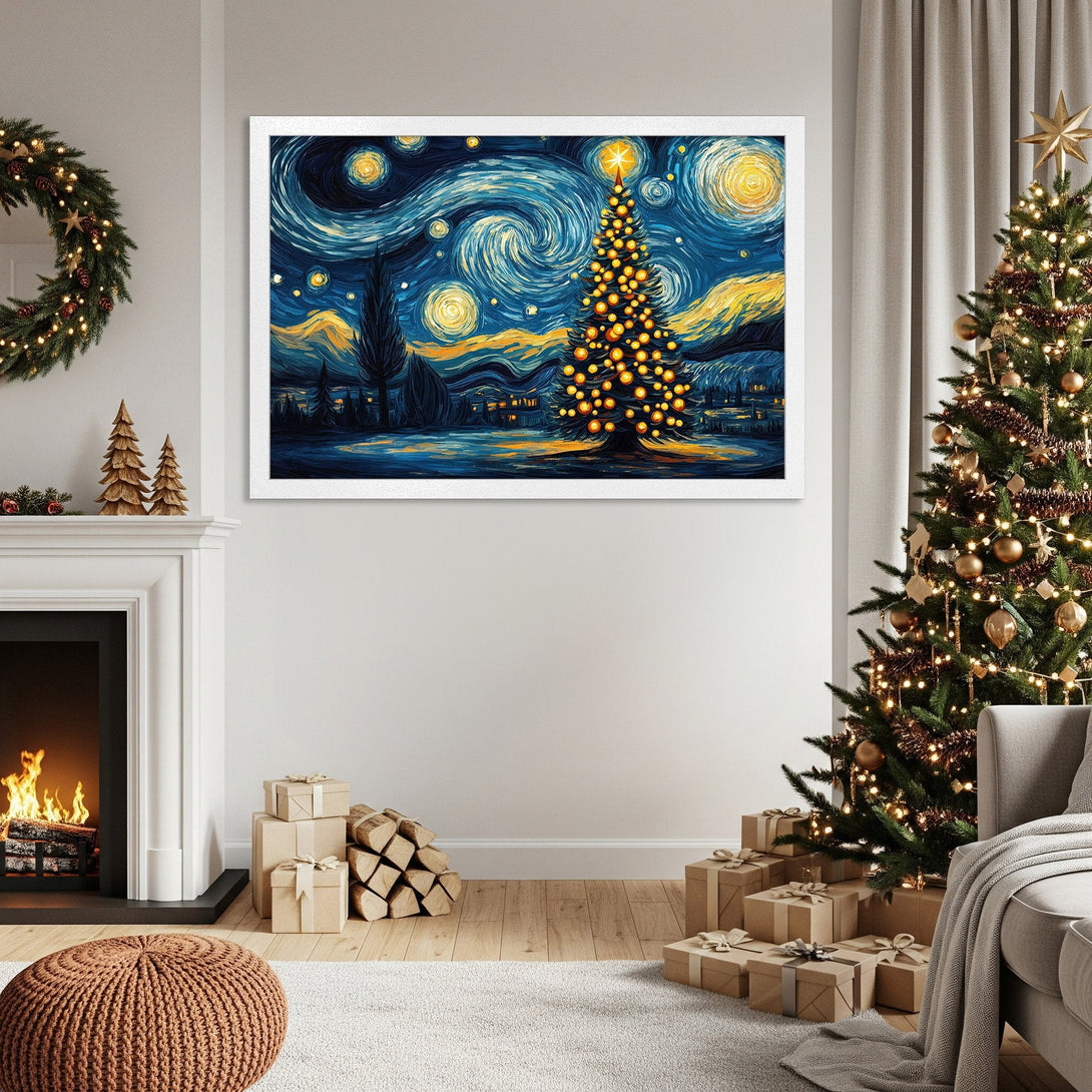 Framed Poster: Starry Night Christmas Tree art print in blue & yellow, perfect holiday decor.