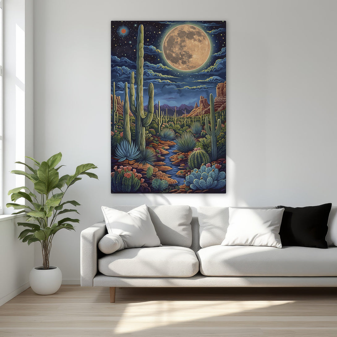 Framed Wall Art: Desert landscape with a vibrant full moon. Colorful canvas print adds a touch of Southwestern charm to any room. Shop now!