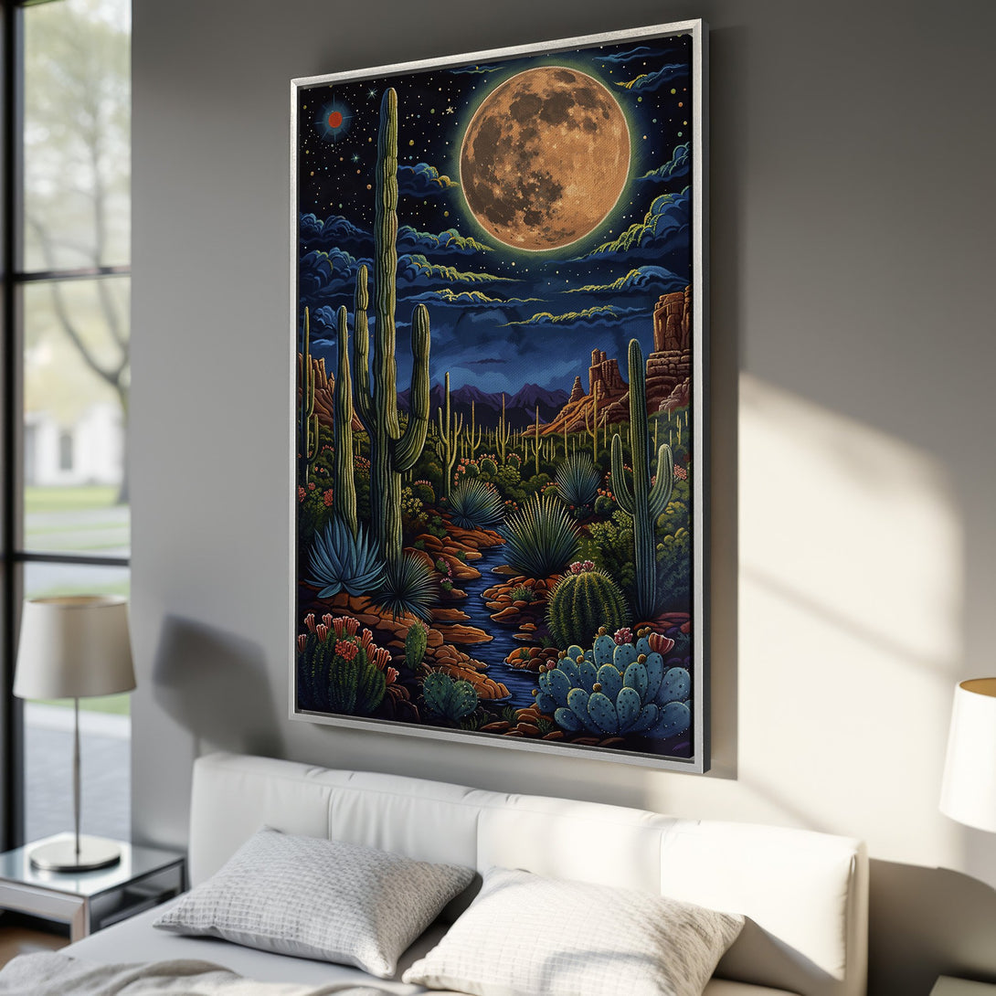 Framed Wall Art: Desert landscape canvas print with a vibrant, retro style. Features a full moon, cacti, and a rich blue, orange, and green color palette. Perfect wall decor!