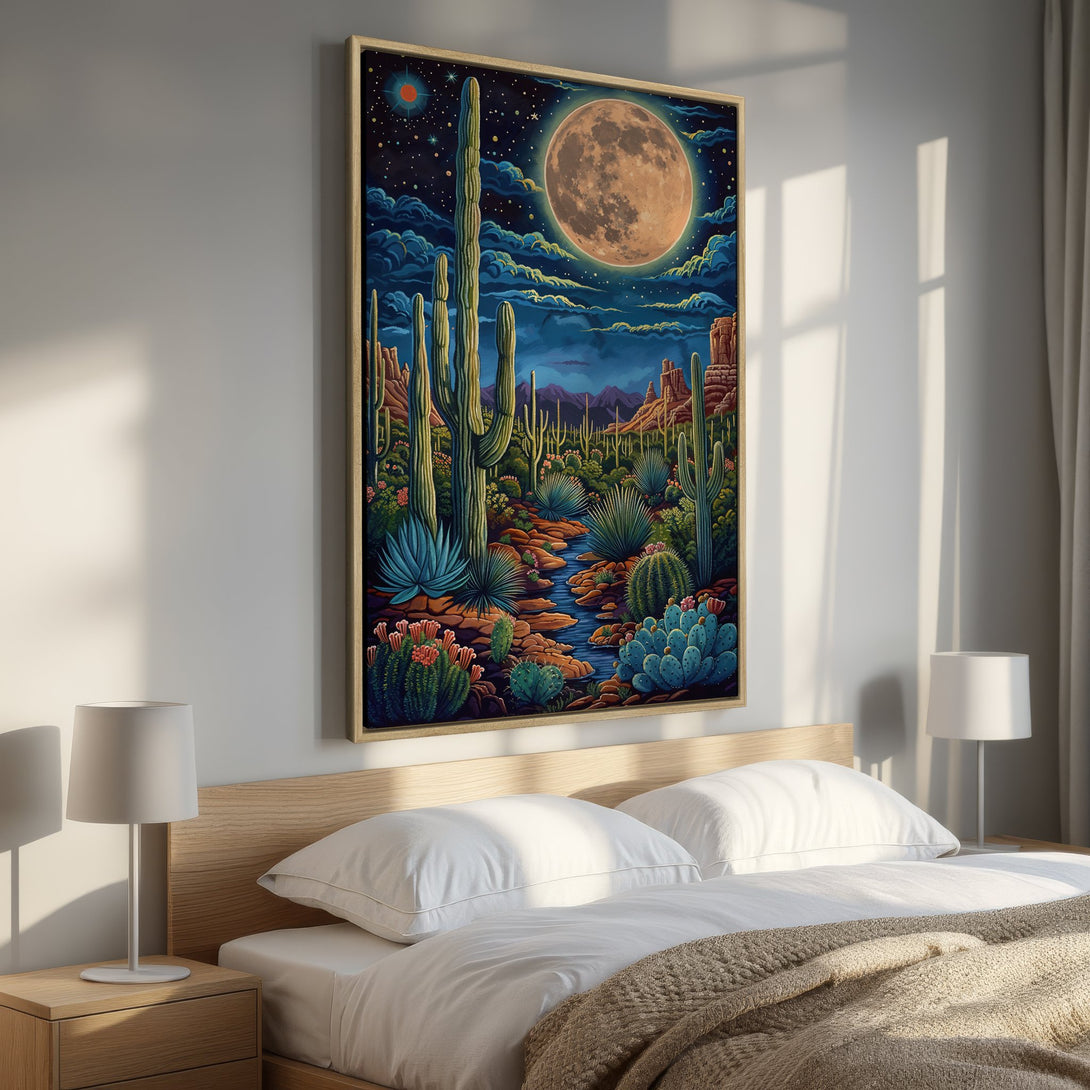 Framed Wall Art: Desert landscape Canvas Print with cacti under a starry night sky. Vibrant blues, greens, and warm earth tones. Perfect bedroom decor!